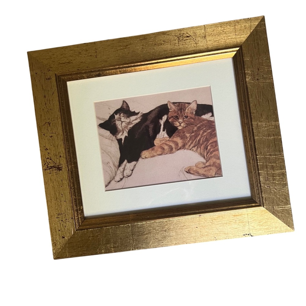 G.V. Stokes Cozy Cats Framed Art Print Made in Scotland Gold Gilt Frame Vintage
